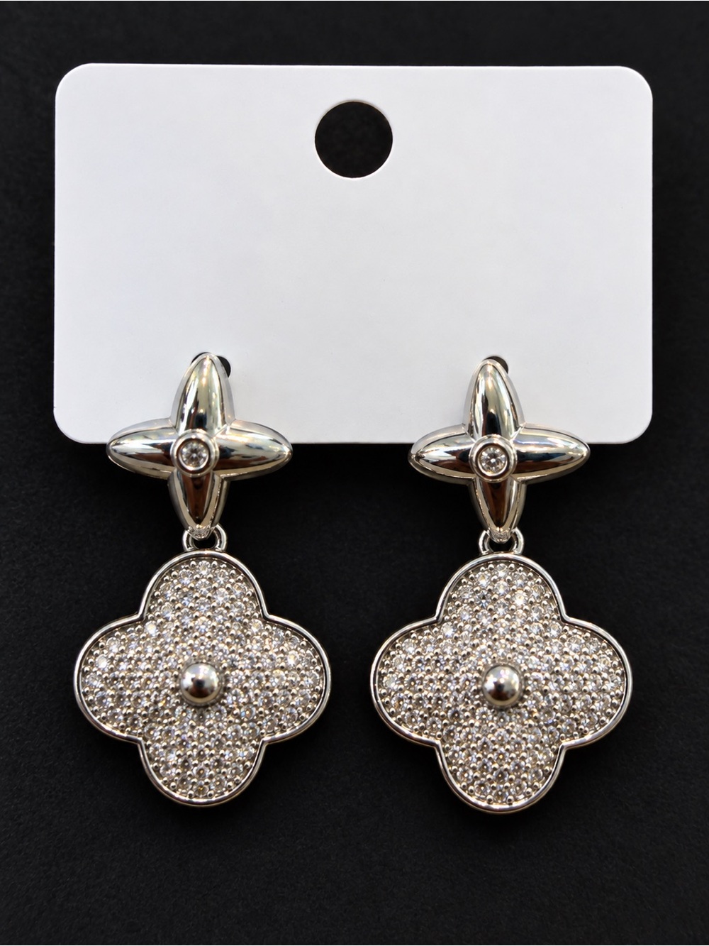 Silver Tone Quatrefoil Clover Drop Earrings Sparkly Rhinestone Dangle 925 posts